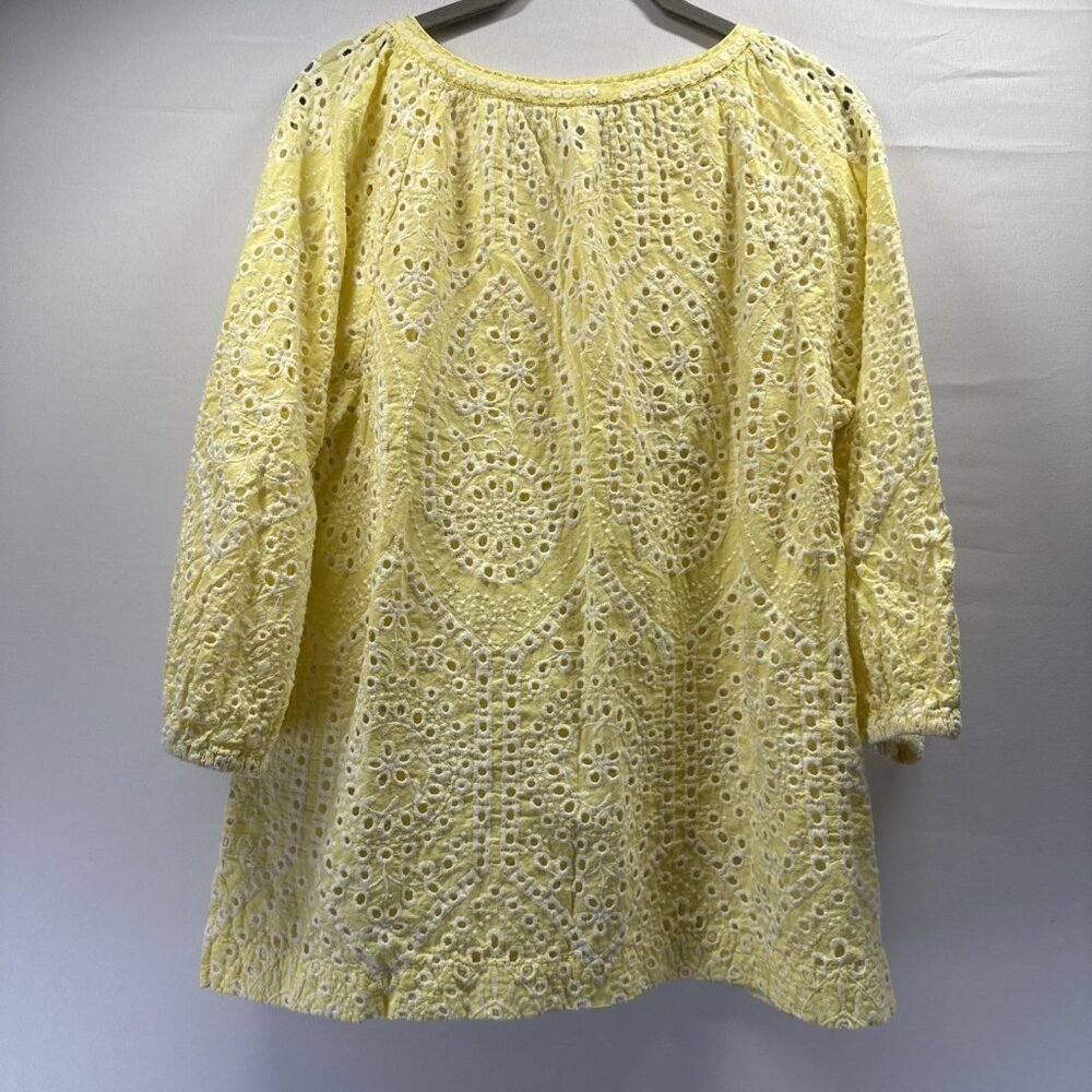 Chicos Womens Top Large Yellow White Eyelet 3/4 Puff Sleeves Popover V Neck Boho - Picture 2 of 9